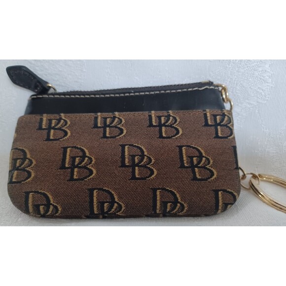 DOONEY & BOURKE COIN PURSE/KEY CHAIN CANVAS LEATHER TRIM BROWN/GOLD - Picture 2 of 10